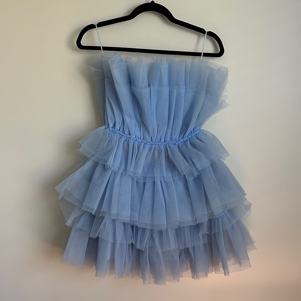 Mable Elegant Ruffle Strapless Light Blue Tulle Mini Dress